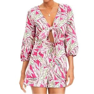 LOFT Beach Pink Green tropical Tie Front Cutout Romper XS boho beac resort green